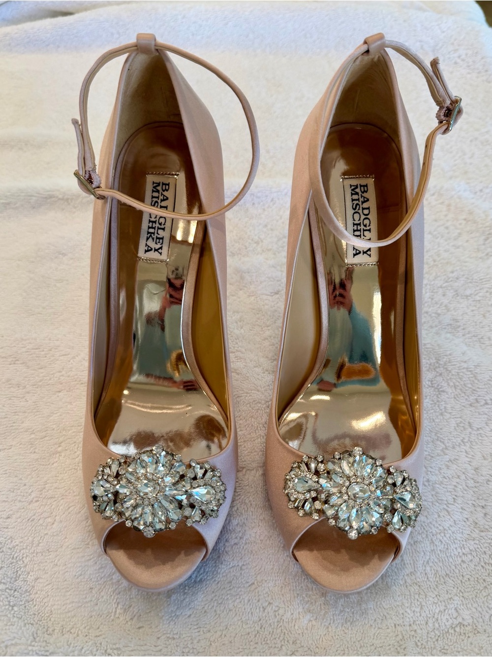 Badgley Mischka Blush Platform Peep-Toe Pumps w/ Ankle Strap and Crystal Brooch